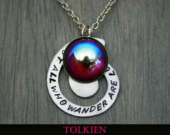 Siam Ruby AB Tolkien Inspired "Not All Who Wander Are Lost" Antique Silver Necklace