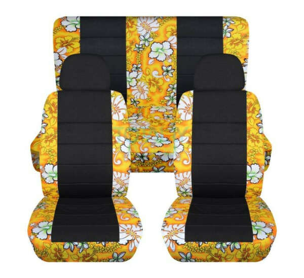 Full Set Hawaiian Print and Black Car Seat Covers with 2 Front Headrest Covers: Yellow with Flowers and Black