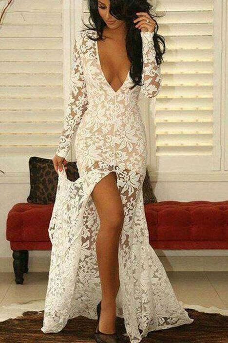 Fashion Mermaid Deep V-Neck Long Sleeves Split Front Ivory Lace Prom Dress PFP0770