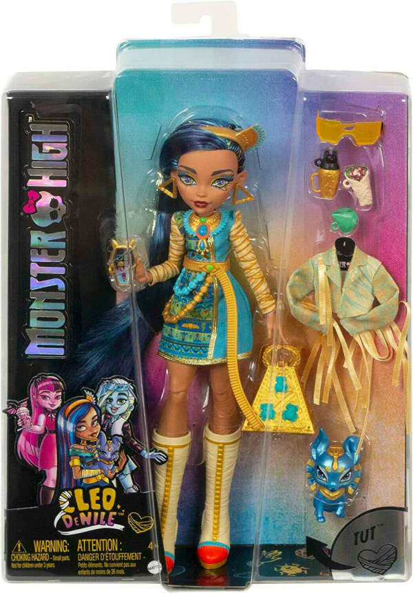 Monster High Doll, Cleo De Nile with Accessories and Pet Dog, Posable Fashion Doll with Blue Streaked Hair​​​​