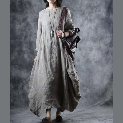 Beautiful nude linen clothes o neck asymmetric Kaftan fall Dresses