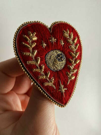 Heart brooch Embroidered brooch Gothic heart brooch Crescent moon brooch Celestial brooch Beaded heart brooch Witch jewelry