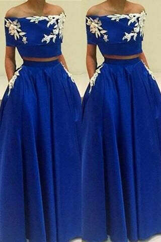 Boat Neckline Royal Blue Half Sleeves Two Pieces A-line Prom Dresses PFP1120