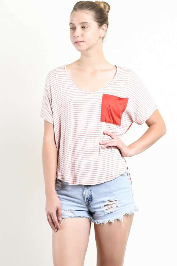 Rust Pin Stripe/Rayon Slub Solid Back Short Sleeve Round Neck Pocket Shirt