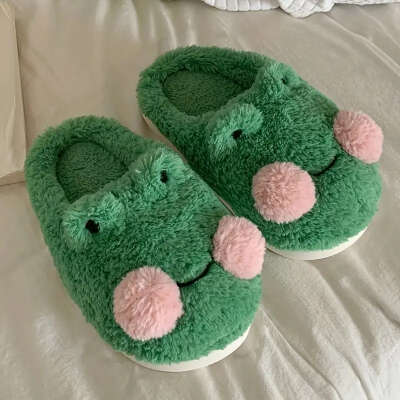 Women's Frog Plush Novelty Slippers, Kawaii Warm & Cozy Closed Toe Fluffy Indoor Shoes, Bedroom Mute Slippers