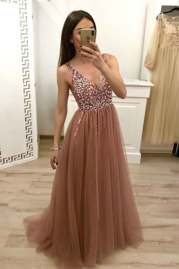 A Line V Neck Tulle Long Beaded Prom Dress, Cheap Evening Gown PFP0681