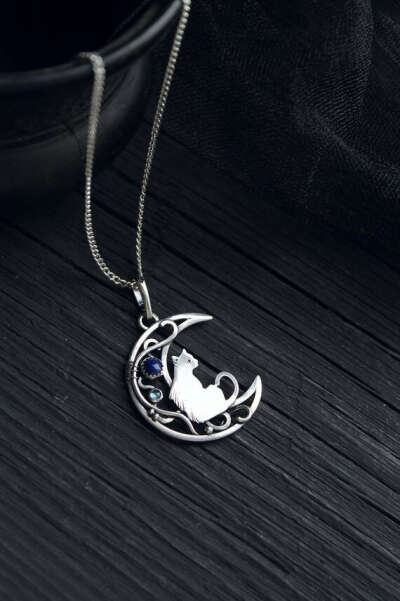 Moon phases necklace with Lapis lazuli jewelry Cat necklace Cat lovers gift Witch craft handmade necklace