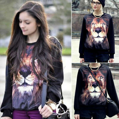 Fashion Womens 3D Lion Print Long Sleeve Black Jumper Pullover Sweatshirt Tops Q