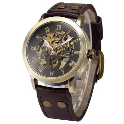 Brown Leather Mechanical Steampunk Wrist Watch