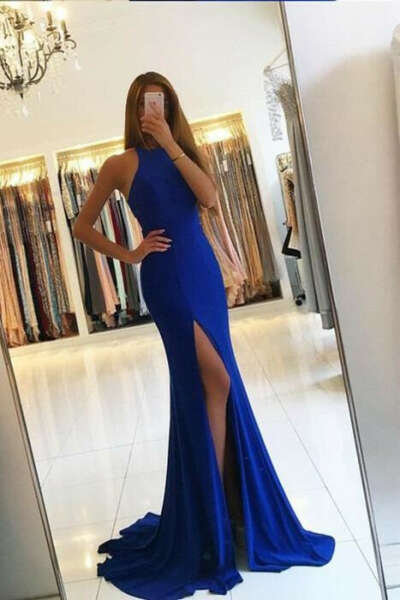 Royal Blue Mermaid Front Slit Prom Dress,Sleeveless Formal Sexy Split Long Evening Dress PFP0844