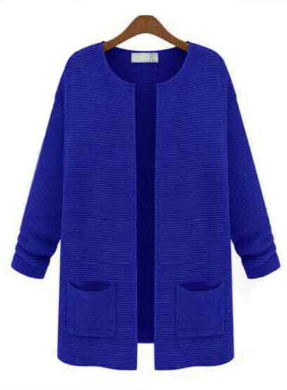 Royal Blue Round Neck Double Pockets Open Knit Cardigan