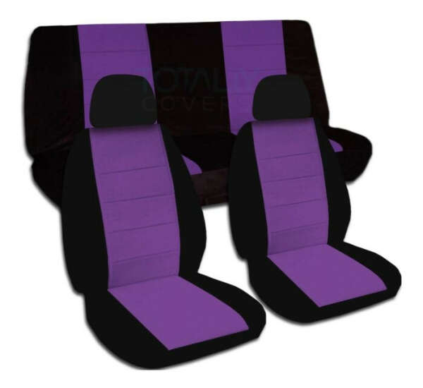 Full Set Two-Tone Car Seat Covers with 2 Front Headrest Covers: Black & Purple