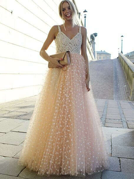 Charming A-line Straps Tulle Pearl Pink Prom Dress Evening Gowns SKY892