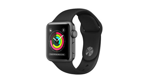 Apple Watch Series 3 GPS, 38 мм, алюминий цвета «серый космос», спортивный ремешок чёрного цвета