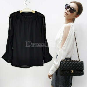 New Women Fashion Loose Pearl Button Off-The-Shoulder Long Sleeve Chiffon Blouse Tops 2Colors