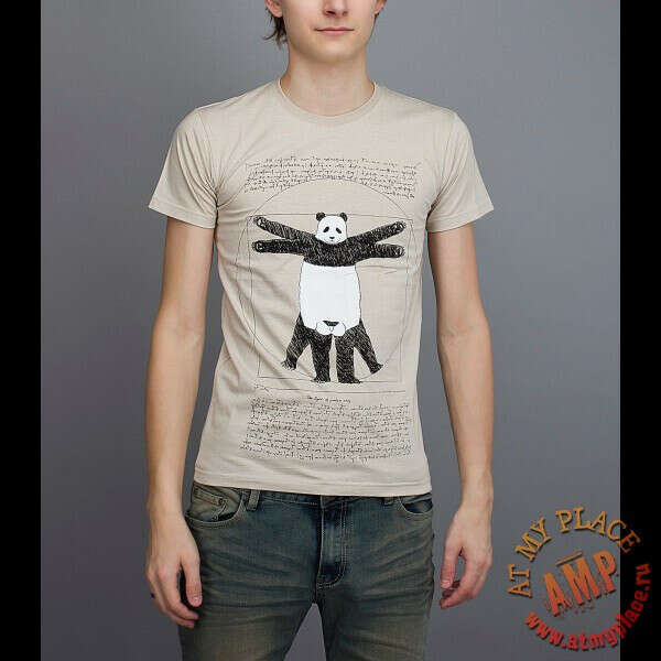Бежевая футболка "Витрувианская панда - Да Винчи"