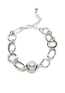 Silver-Tone Link With Framed Pearl Bracelet