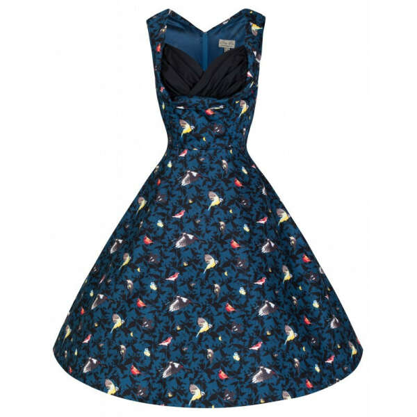 Платье в стиле ретро "Офелия", синее с принтом птиц