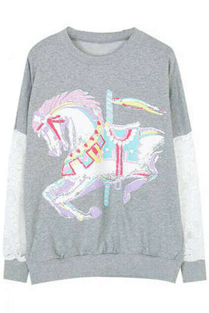 Cartoon Horse Print Lace Sleeves Grey Pullover