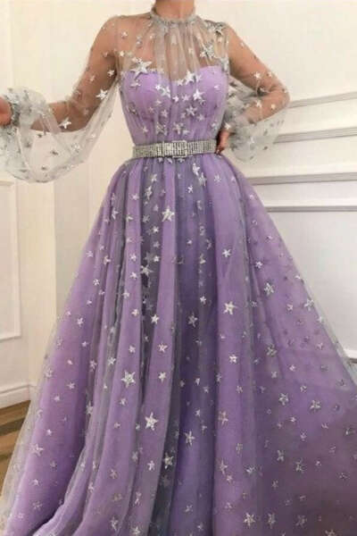 Long Sleeve A-line Sparkly Star Lace Lilac Long Prom Dresses PFP0751