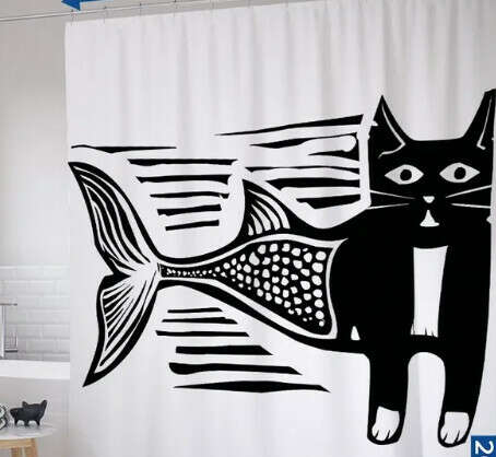 Шторка для ванной с котом черно-белая