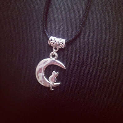 Black waxed cord Crescent moon cat necklace Gothic Goth Kitten