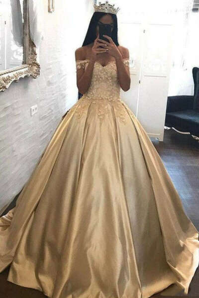 Off the Shoulder Appliques Ball Gown Cheap Prom Dresses PFP0661