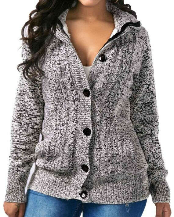 Button Up Hooded Collar Grey Coat