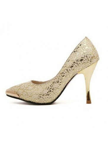 Shiny Metal Pointed Head Lace Pattern Apricot Pumps