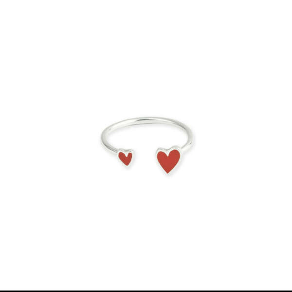 Кольцо из серебра с двумя сердцами с красной эмалью