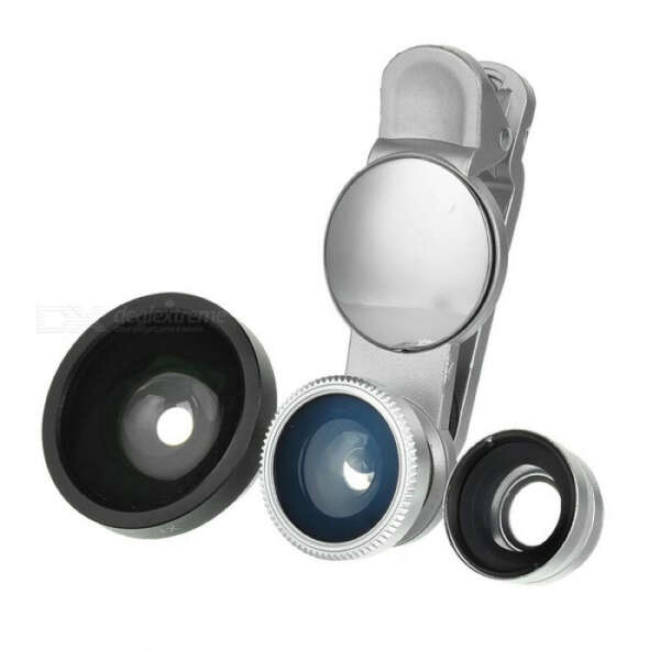 S-What Wide Angle + Fish Eye + Macro Camera Lenses Kit w/ Clip & Rearview Mirror for Phone - Silver