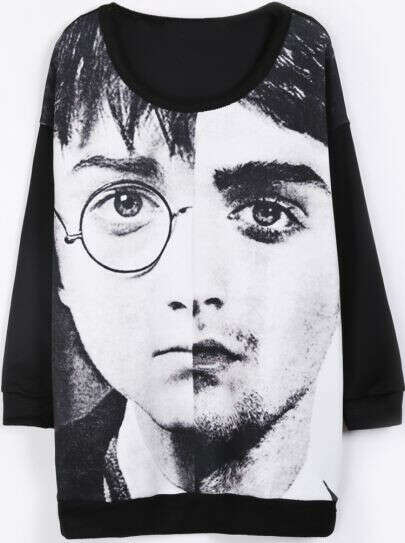 Чёрная длинная футболка печати Harry Potter