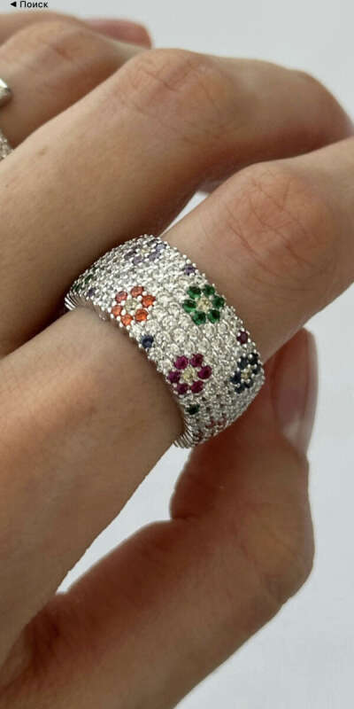 Кольцо Цветочки с разноцветными камнями с посеребрением