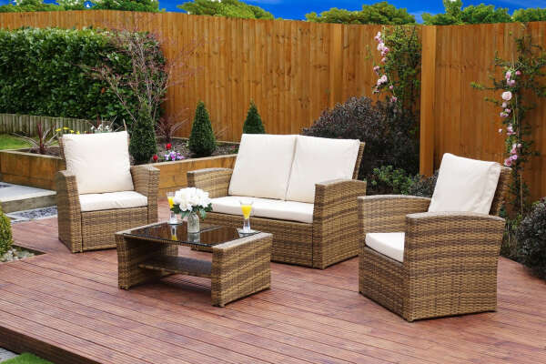 Light Brown Rattan Wicker Weave Garden Conservatory Sofa Set with Cover