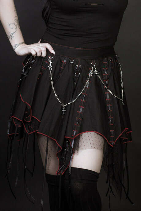 Red Punk Gothic Witchy Skirt with Ribbons & Chains | Ladies