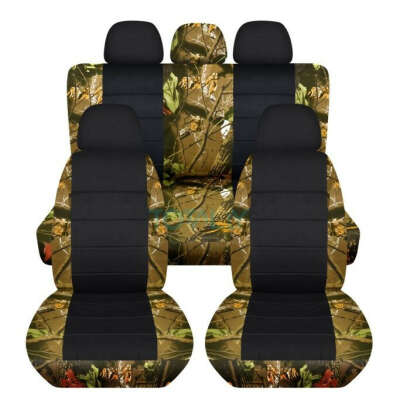 Full Set Camouflage and Black Car Seat Covers with 5 (2 Front + 3 Rear) Headrest Covers