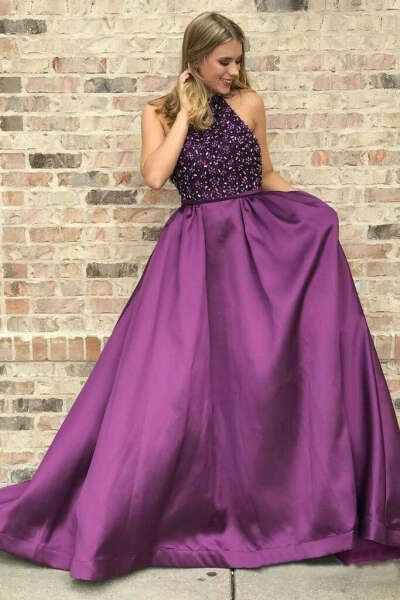 Halter Purple Long Satin Prom Dresses Beaded Junior Evening Gown 2019 PFP0653