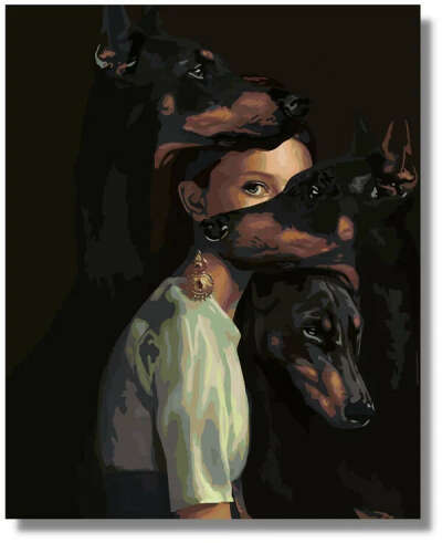 Картина по номерам "Девушка и собаки Доберман"