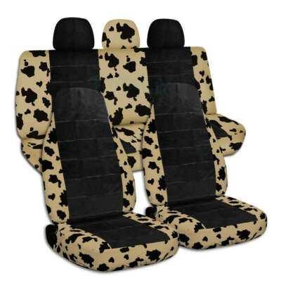 Full Set Animal Print and Black Car Seat Covers with 3 Rear Headrest Covers: Tan Cow and Black