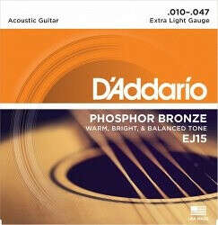 Струны для акустической гитары (например, D`ADDARIO EJ15 PHOSPHOR BRONZE EXTRA LIGHT 10-47)