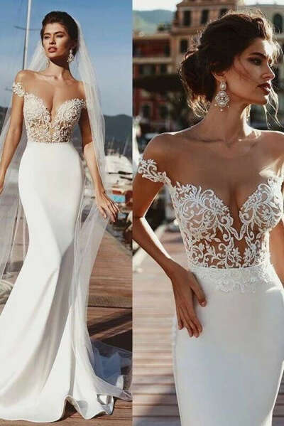 Mermaid Cap Sleeves Sheer Neck Long Wedding Dress PFW0409