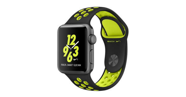 Apple Watch Nike+, 42 мм, Корпус из алюминия цвета «серый космос», спортивный ремешок Nike цвета «чёрный/салатовый»