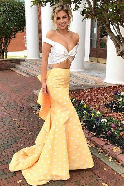 Charming 2 Pieces Off The Shoulder Yellow Long Mermaid Prom Dresses PFP0737