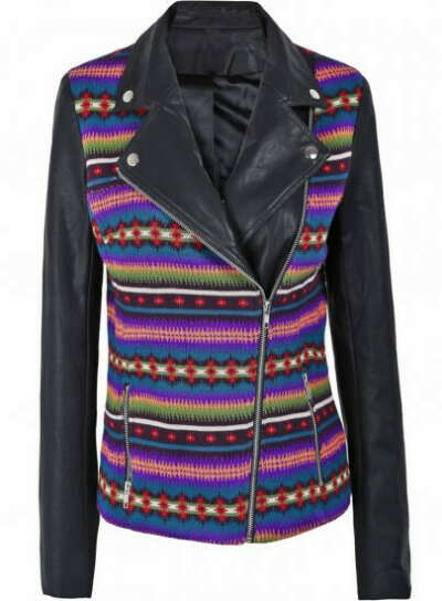 Purple and Red Tribal Print Contrast PU Leather Sleeve Moto Jacket - Sheinside.com