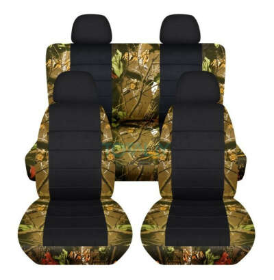 Full Set Camouflage and Black Car Seat Covers with 4 (2 Front + 2 Rear) Headrest Covers