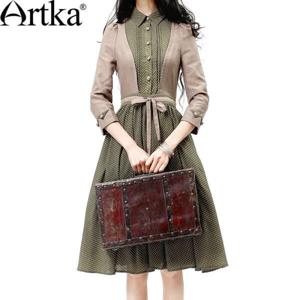 Artka Women&#039;s Spring Hepburn Blouse Combo Cinch Waist Swing Hem Chiffon Dot Print Dress LA10637C Tutti-inDresses from Apparel & Accessories on Aliexpress.com