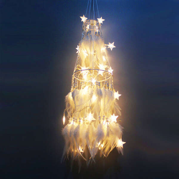 Big LED Star Light Dream Catcher with White Feather Wall Hanging Decoration - brixini.com