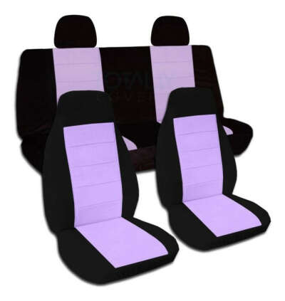 Full Set Two-Tone Car Seat Covers with 2 Rear Headrest Covers: Black & Violet