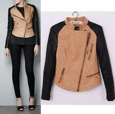 New Womens European Fashion Zipper Splicing Color Faux Leather Jacket Coat B468C