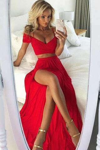 Red Two Pieces Chiffon Long Prom Dress,Sexy Split Evening Dress PFP0772